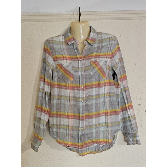 Merona Women's Size XS Blue Orange Yellow Plaid Flannel Shirts Pockets New - Picture 12 of 12